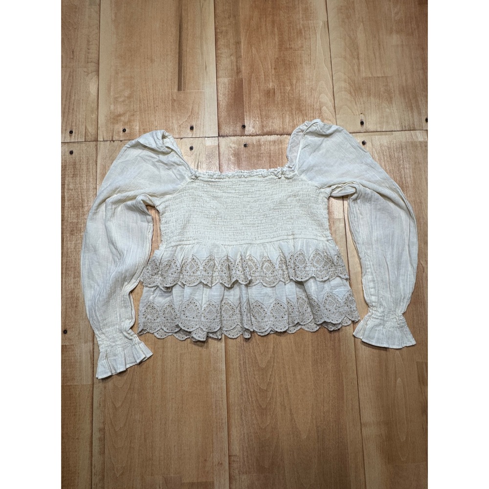 American Eagle‎ Cream Smocked Eyelet Peplum Top Long Sleeve Square Neck Large